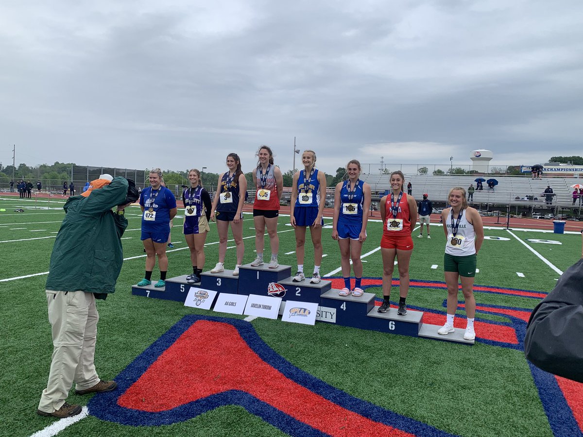 The AA girls javelin podium, led by Slippery Rock Area’s Maryann Ackerman, who threw her best of 147 feet on her last attempt! #PIAAStates
