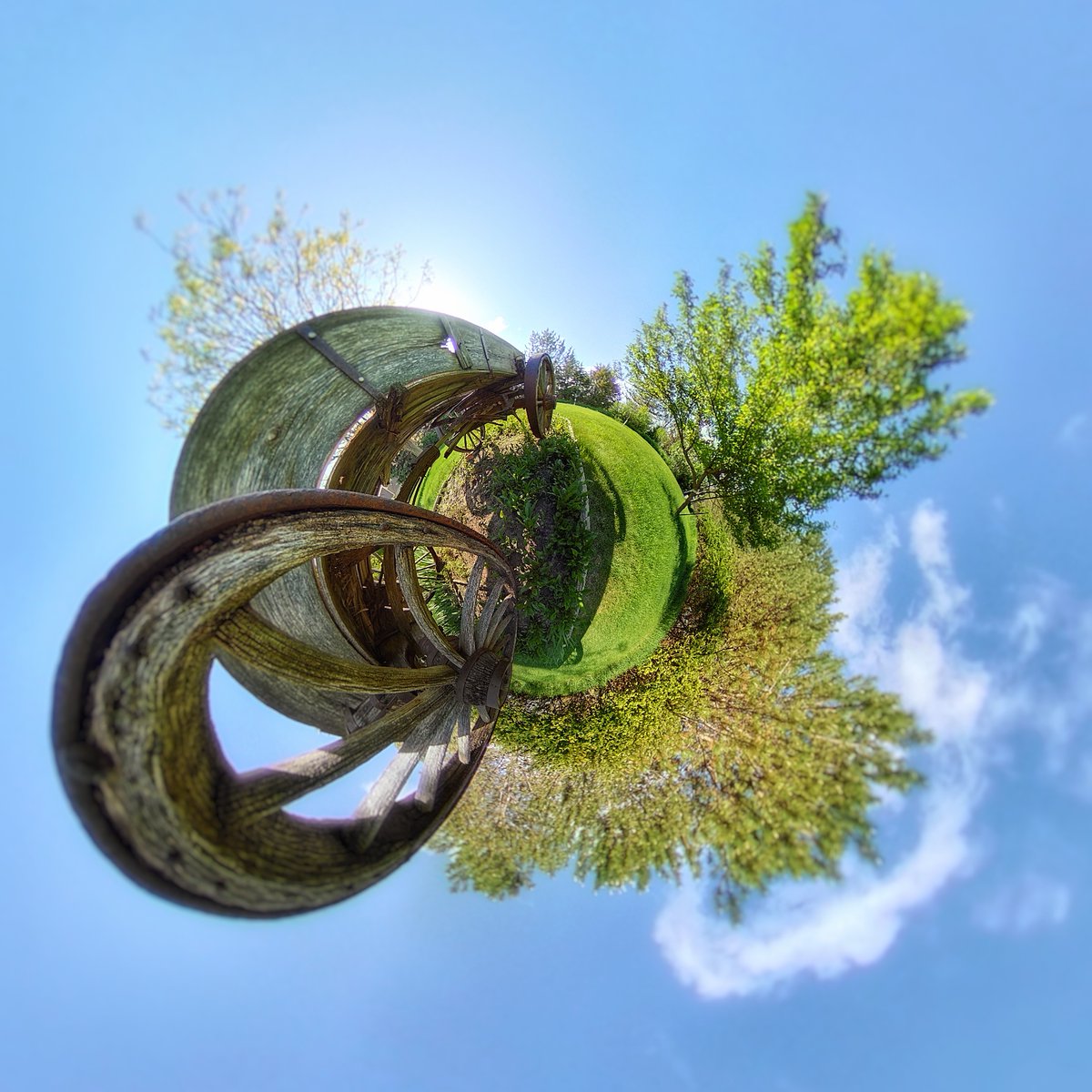 tinyplanetwonde's tweet photo. Brand new NFT drop, "Wanderer's Wagon." A tiny planet photo of an old wooden wagon long after its traveling days have passed. #NFT #NFTs #NFTdrops #NFTartist #tinyplanet #360photography #wagon 
https://t.co/87zL9Utau6 via @opensea https://t.co/gNwzlfQpUA