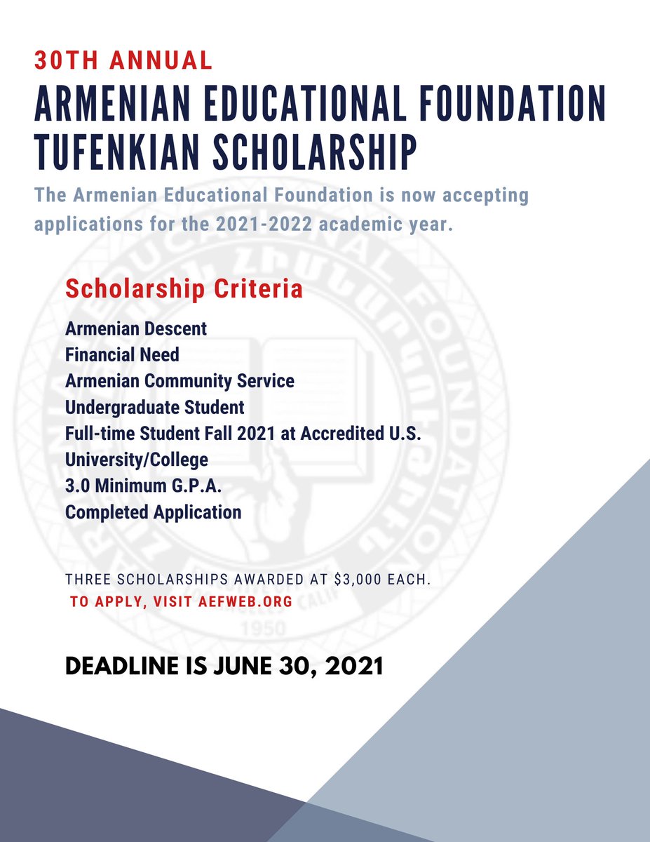 AEF1950's tweet photo. 📣📣We are still accepting applications for the Richard R. Tufenkian Scholarships for the 2021 – 2022 academic year!  

Visit https://t.co/SADyfVM8IC for more information and to apply. 

📝DEADLINE IS June 30, 2021!!!

#ArmenianEducationalFoundation #AEF https://t.co/oXxm1VVon3
