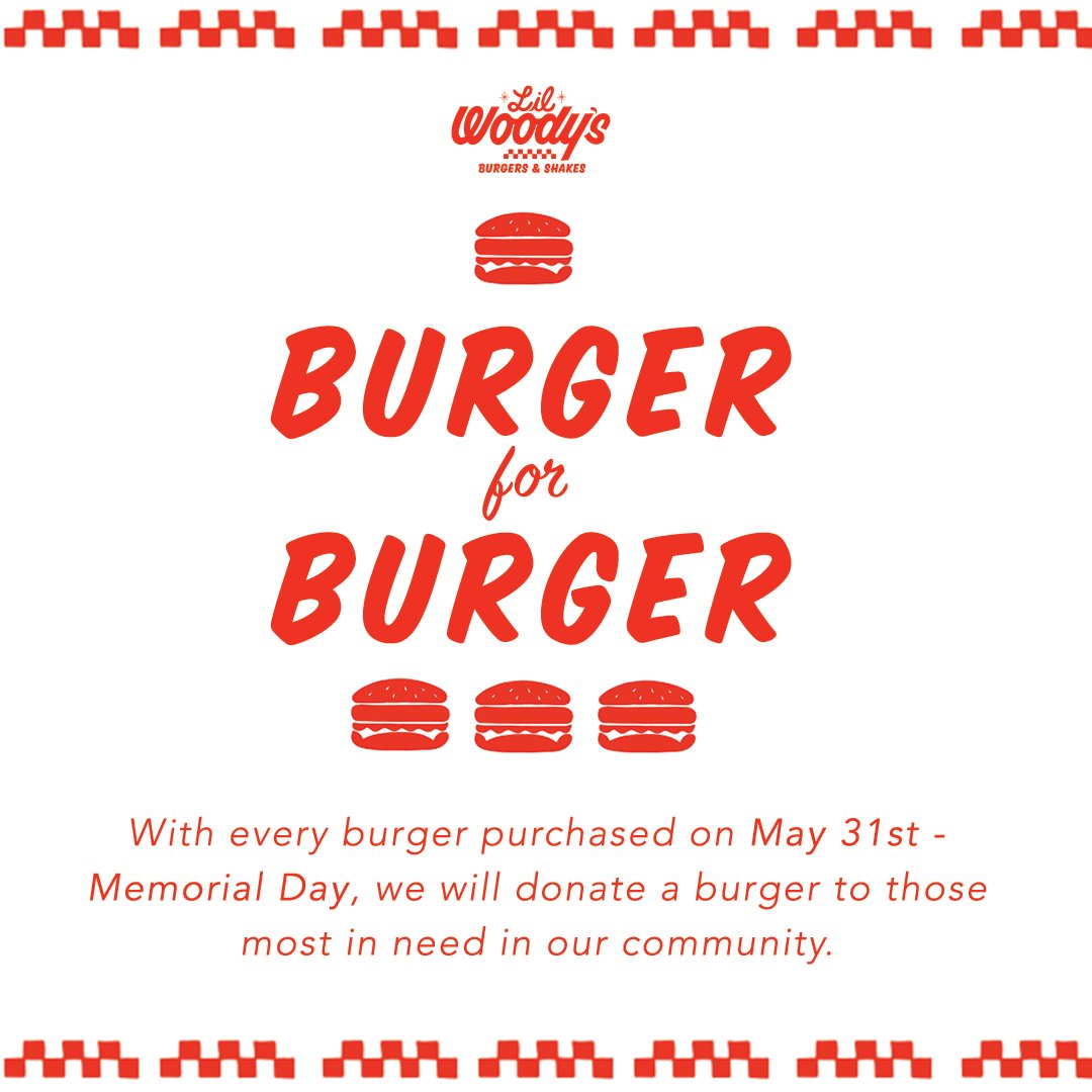 lilwoodys's tweet photo. This time last year we started a new initiative called #Burger4BurgerProgram, w/every burger purchased on 5/31 Memorial Day, we will donate a burger to those most in need in our community. To date we have contributed over 1,500 burgers, thanks to your help!
#lilwoodysforthepeople https://t.co/wlvgcQOGnh