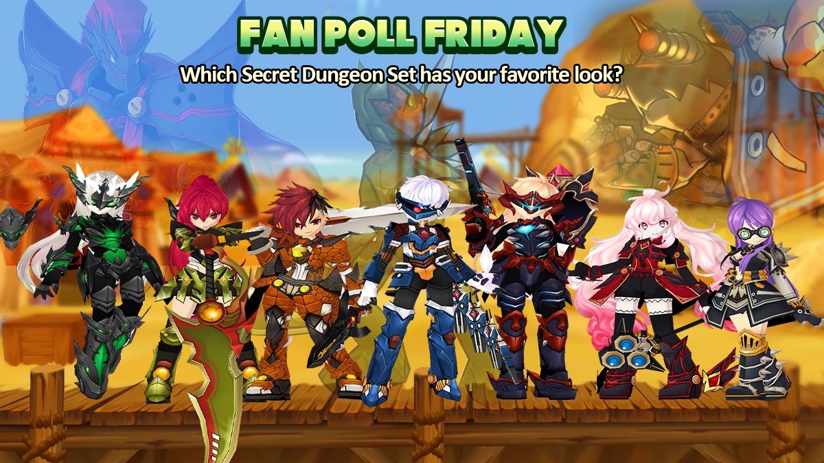 Elsword's tweet photo. You know what day it is! That's right, it's #FanPollFriday today! Secret Dungeons have been around for a really long time, and have so many sets! Which one has your favorite design? https://t.co/dag56sNMAg