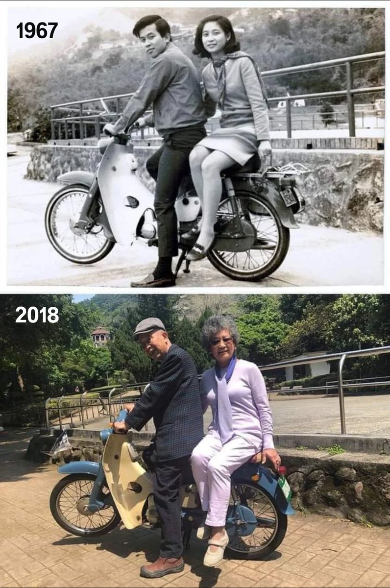 MohammadHejazi's tweet image. صورتين لنفس الزوجين ونفس الدراجة ونفس المكان، والفرق بينهما خمسون عامًا..