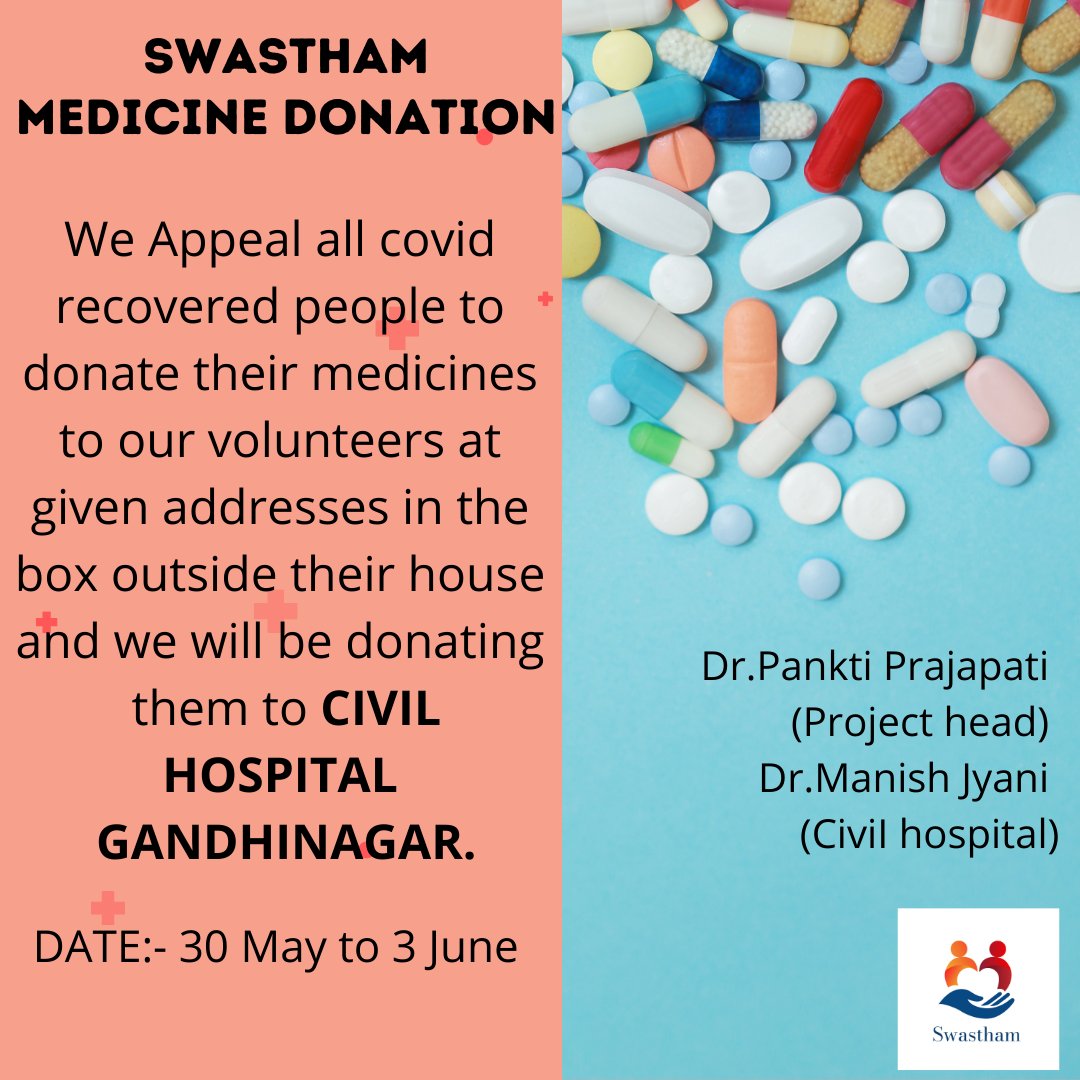 SakshFoundation's tweet photo. "Swastham Medicine Donation Drive for Gandhinagar"

Appeal to Covid Recovered people staying in Gandhinagar to donate their medicines to our Volunteers.

Area wise list of volunteers and their contact numbers are given here!

#SOSSwastham https://t.co/e3FJ3qD2rH