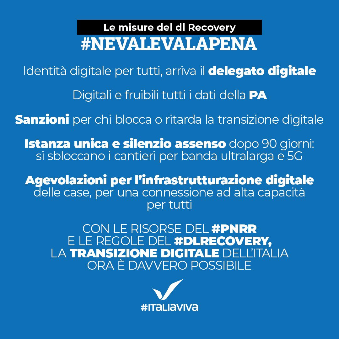 lucianonobili's tweet photo. Identità digitale per tutti, 
Dati PA omogenei e fruibili, silenzio assenso per sbloccare banda ultralarga e 5G, sanzioni per chi ritarda digitalizzazione, connessioni ad alta capacità per tutti
Col governo Draghi la transizione digitale diventa realtà
#nevalevalapena #dlrecovery https://t.co/kLRtcwlYni