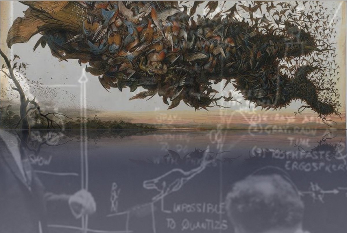 C4COMPUTATION's tweet image. The physicist John Wheeler, inventor of the phrase, &quot;it from bit&quot; at a Princeton blackboard discussing what in nature can be quantized but as if he were looking at Walton Ford&apos;s, &quot;Falling Bough,&quot; a fantastic depiction of collective behavior.