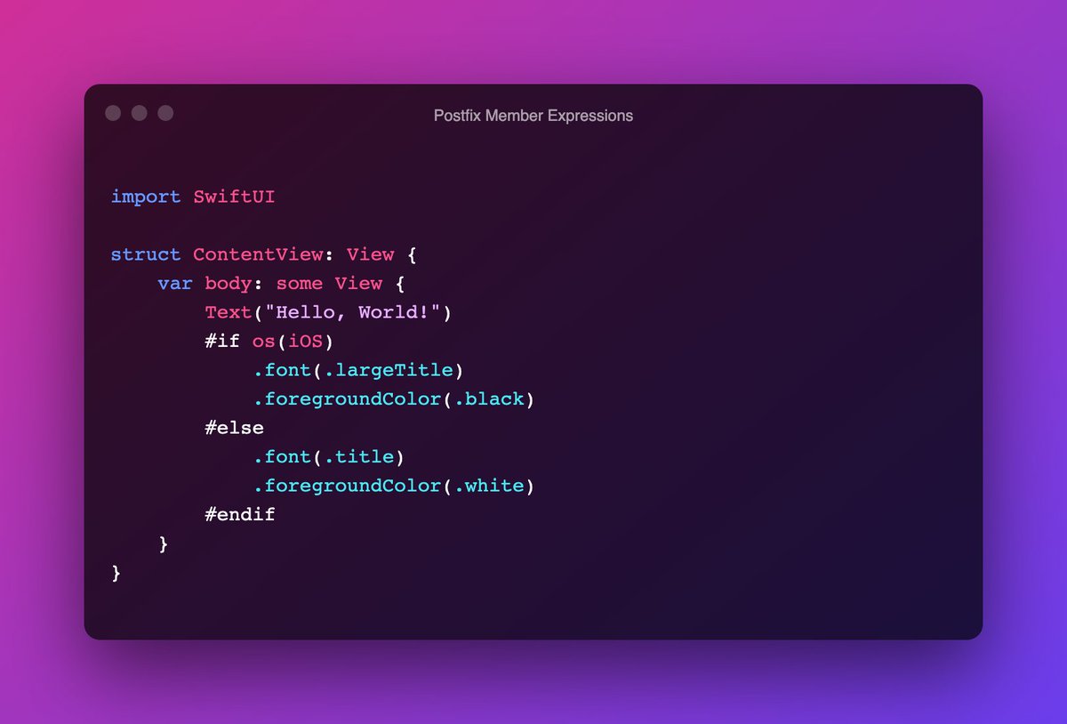 heysaik's tweet photo. We all know about async/await in Swift 5.5 but another really cool addition, especially for #SwiftUI developers, is if conditions for postfix member expressions!

In the code below, you can see we change our view modifiers based on the OS we're on!

 Can't wait for #WWDC21 😄✨💻 https://t.co/YPtjguyUk5