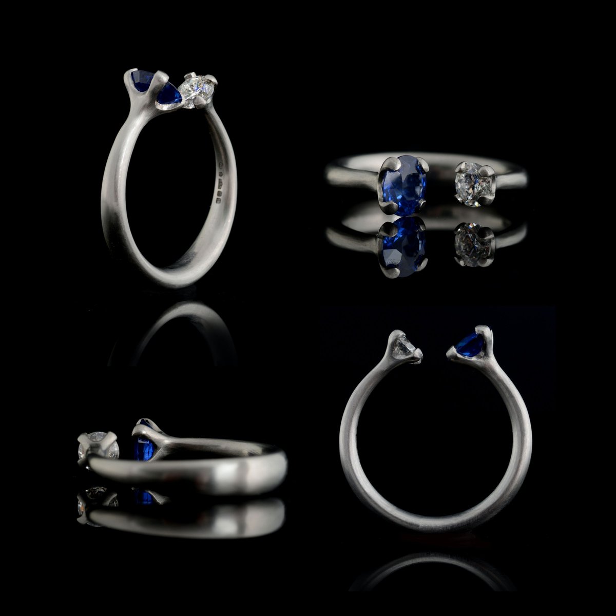McCaulJewellery's tweet image. Made from platinum, this unusual two-stone sapphire and diamond engagement ring is based on our 4-claw engagement ring, balancing a .79ct blue sapphire with a .30ct white diamond on either side of the open band  💙

#diamondsapphire #openring #contemporaryfinejewellery #design