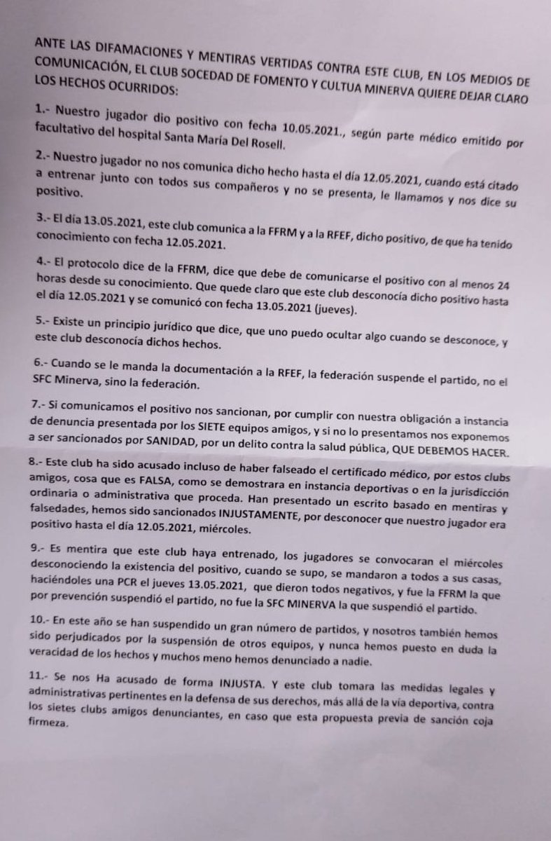SFCMinerva2's tweet photo. COMUNICADO DE LA SOCIEDAD FOMENTO Y CULTURA MINERVA.

@tortosa171 @ffrm_es @NddcPena @sportcartagena  @todofutbolmurci @terceramurcia
@13Tercera @treceraG13 @Onda24Deportes_ @InterDeportivo @ORMdeportes @13Tercera @PakoTXIII @domingoalbalade https://t.co/Td6Yus4QRc