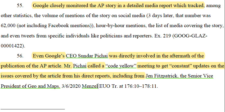 But now we get the fully unsealed evidence which shows a much more important fact - CEO Sundar Pichai was directly involved. In fact, he received “code yellow” updates from an SVP who oversaw the area of concern who started at Google more than twenty years ago an intern. /3