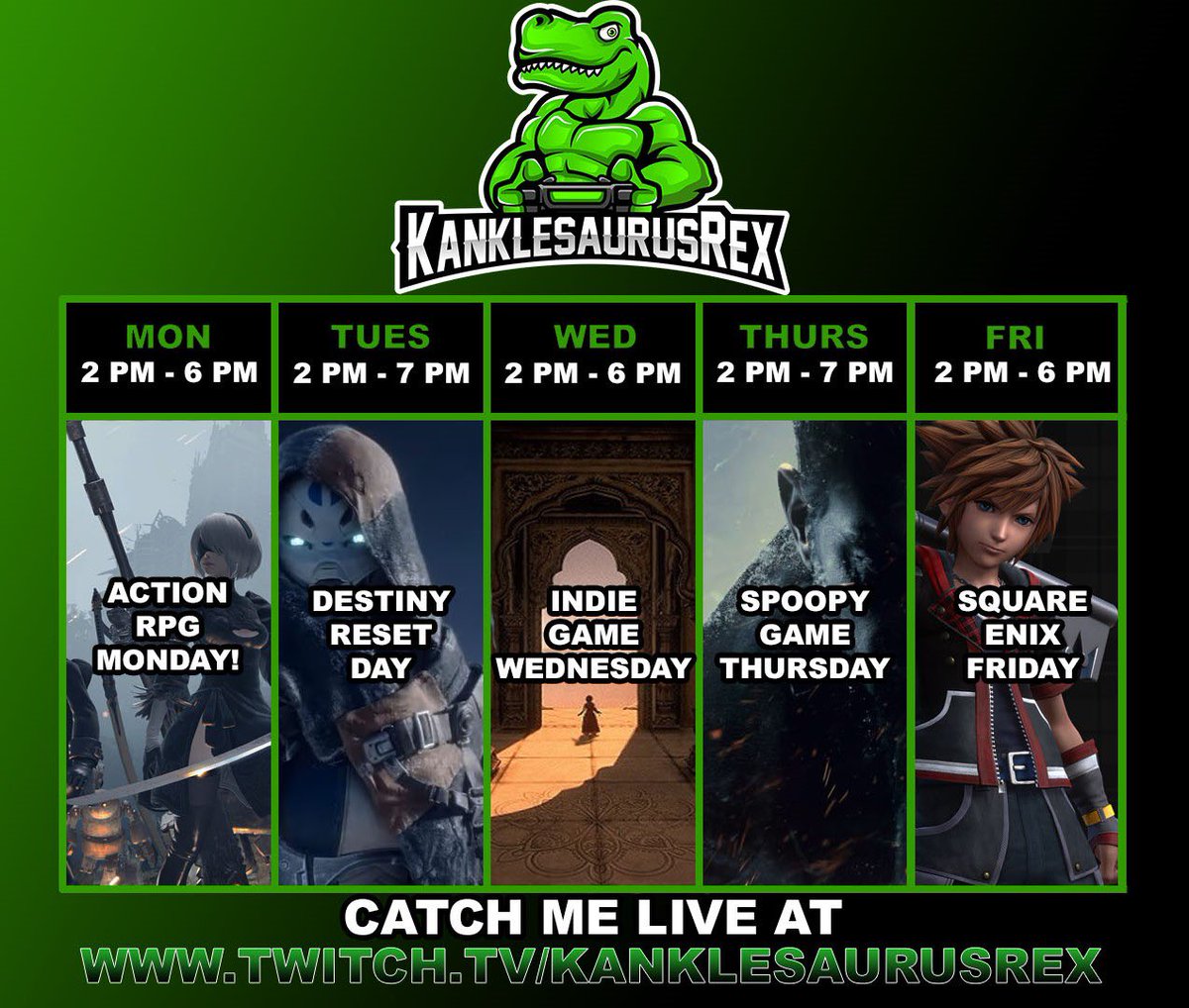 KanklesaurusR3x's tweet image. New stream schedule! Pumped about it honestly.

#supforce #twitchaffiliate #schedule