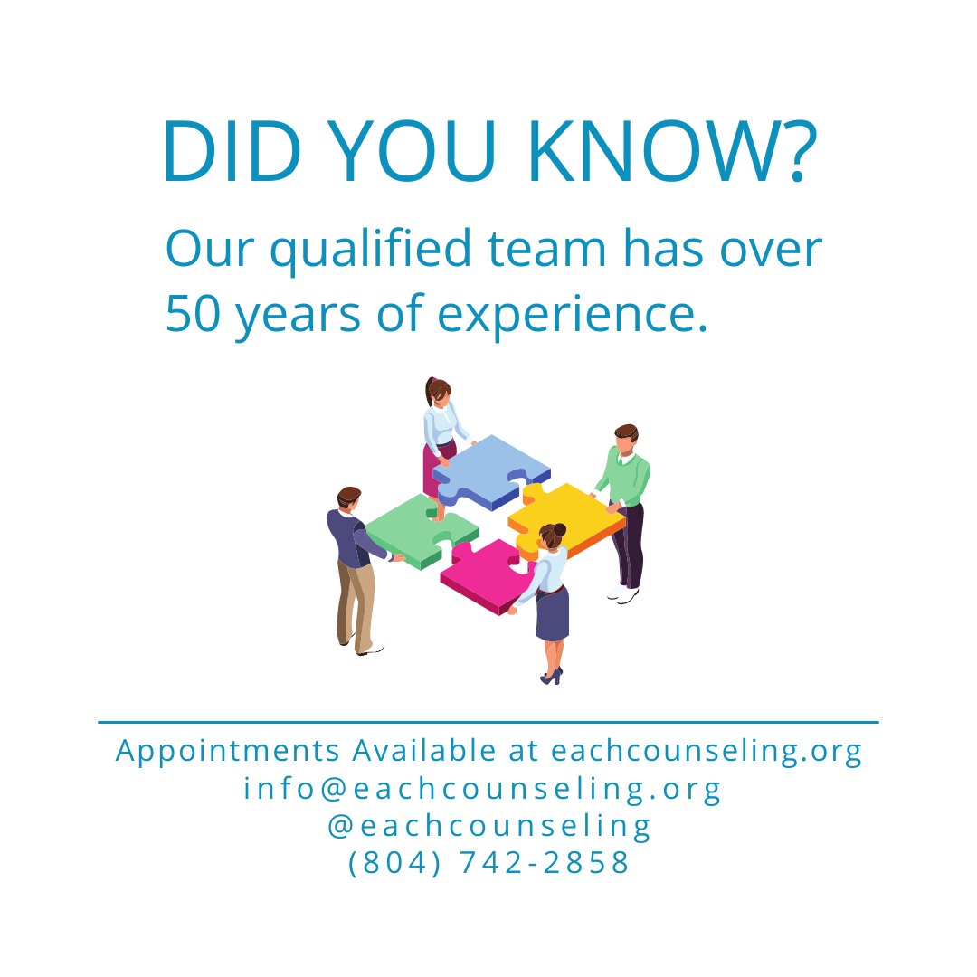 EachCounseling's tweet photo. Our team is qualified to help you. We have over 50 years of experience. 

Visit our site and request an appointment to connect to a therapist today. https://t.co/9pruQjNnAw

*Virtual and in-person appointments available. https://t.co/Uul9HdXLr3