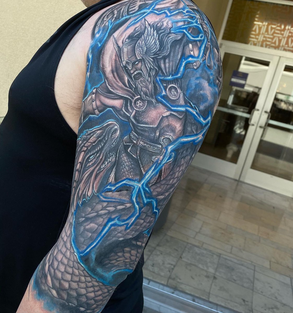 Joey did a super job in this Thor tattoo. Artist: Joey Location: Fashion  Show Book your appointment at https://t.co/7GU80jDCSP, image size:1122x1200