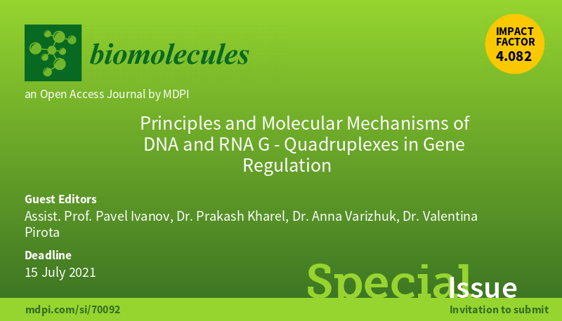 #SpecialIssue
"Principles and #Molecular Mechanisms of #DNA and #RNA G-Quadruplexes in #GeneRegulation" 

📢Submissions are open.
✏️Guest edited by Assist. Prof. Ivanov, Dr. Kharel, Dr. Varizhuk, Dr. Pirota <a href="/VaLePirota/">VaLentina Pirota</a> <a href="/pkharel1/">Prakash Kharel</a> <a href="/BrighamWomens/">Brigham and Women's Hospital</a> 
👉mdpi.com/journal/biomol…