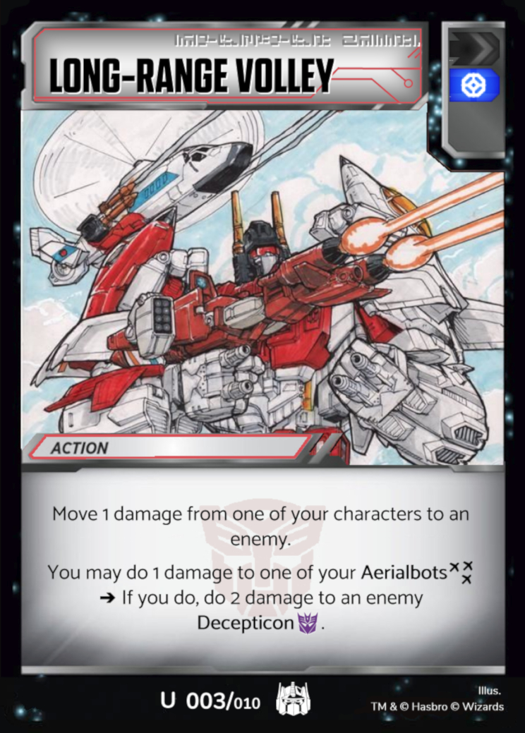 ATP-4 is coming June 15th, and once again Teletraan1.net was given a spoiler from it to show off! Beef up your Aerialbots with Long-Range Volley, moving a damage to an enemy AND hitting them for two (if they're a Con). The #TransformersTCG continues to not-be dead.