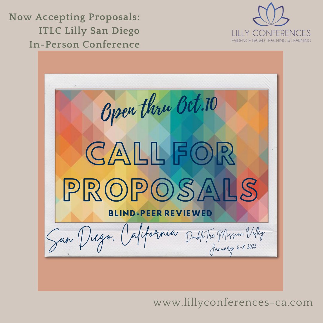 ITLC_Lilly's tweet photo. Join us in sunny San Diego in January 2022! Get your proposals in starting today.  Accepted until October 10, 2021. 
For more info:
https://t.co/iN7tOAJ3pq

#HigherEd #EdChat #Conference #ProfessionalDevelopment #College #University
#LillyCon https://t.co/o0XMz5ciPG