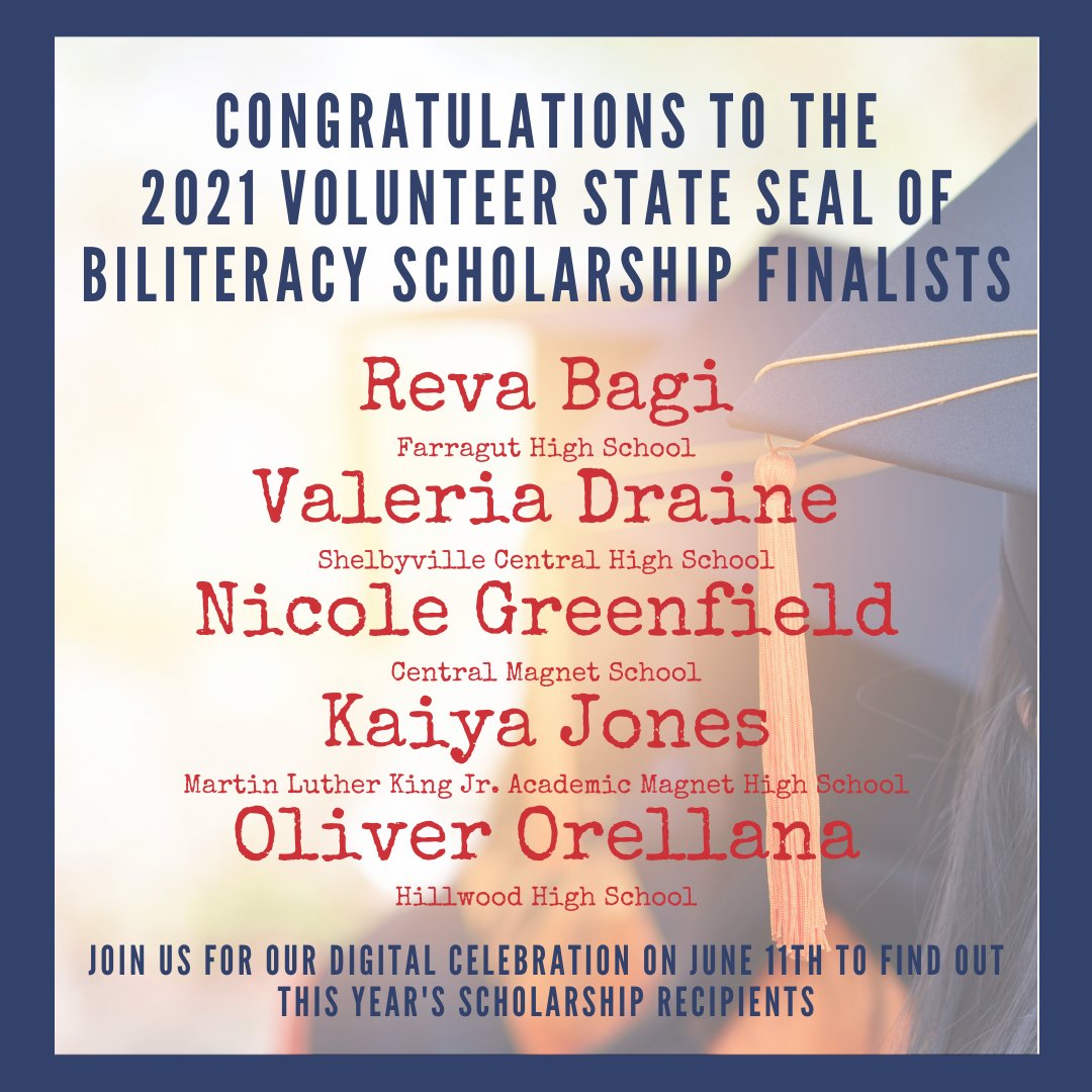 Volunteer State Seal of Biliteracy (@volstateseal) on Twitter photo Congratulations to the finalists for the 2021 Volunteer State Seal of Biliteracy Scholarship Award!
<a href="/tnedu/">TN Dept of Education</a> <a href="/SBEd_TN/">TN State Board of Education</a> <a href="/tntesol/">TNTESOL</a> <a href="/TFLTA/">طفلة البريئة</a> <a href="/ut_tlc/">Tennessee Language Center</a> <a href="/EdTrustTN/">EdTrust-Tennessee</a> <a href="/TLACC/">TN Latin American Chamber of Commerce</a> <a href="/TNHigherEd/">Tennessee Higher Education Commission</a> <a href="/TNChamber/">Tennessee Chamber of Commerce & Industry</a> <a href="/maddoxfundTN/">Maddox Fund</a> Congratulations to the finalists for the 2021 Volunteer State Seal of Biliteracy Scholarship Award!
<a href="/tnedu/">TN Dept of Education</a> <a href="/SBEd_TN/">TN State Board of Education</a> <a href="/tntesol/">TNTESOL</a> <a href="/TFLTA/">طفلة البريئة</a> <a href="/ut_tlc/">Tennessee Language Center</a> <a href="/EdTrustTN/">EdTrust-Tennessee</a> <a href="/TLACC/">TN Latin American Chamber of Commerce</a> <a href="/TNHigherEd/">Tennessee Higher Education Commission</a> <a href="/TNChamber/">Tennessee Chamber of Commerce & Industry</a> <a href="/maddoxfundTN/">Maddox Fund</a>