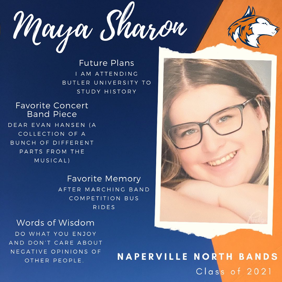 NNorthBands's tweet photo. Congratulations, Maya, on a wonderful four years on music at North. Your leadership and passion for music making left a lasting positive impression on your peers. Best of luck at Butler! #letahuskieleadtheway https://t.co/0cgbjuS0ao