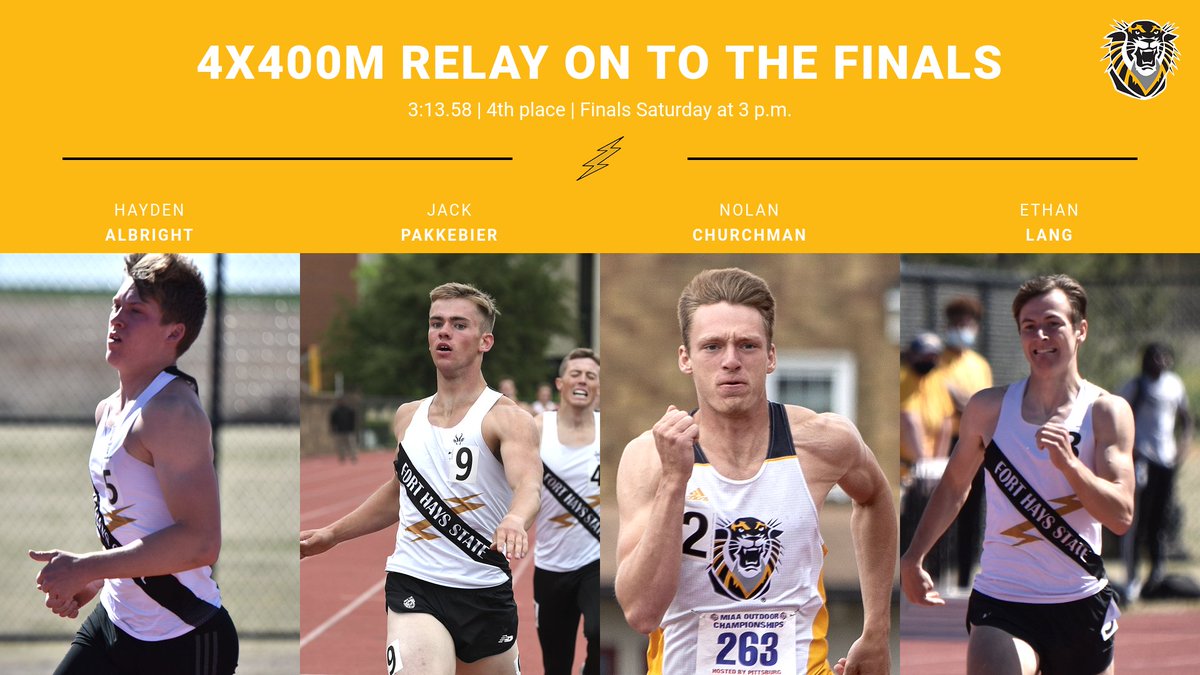The men's 4x400m relay team of Hayden Albright, Jack Pakkebier, Nolan Churchman and Ethan Lang is on to the finals after combining for a time of 3:13.58, fourth-fastest in the prelims!

#DefendTheFort x #BeatSomebody x #D2MOTF