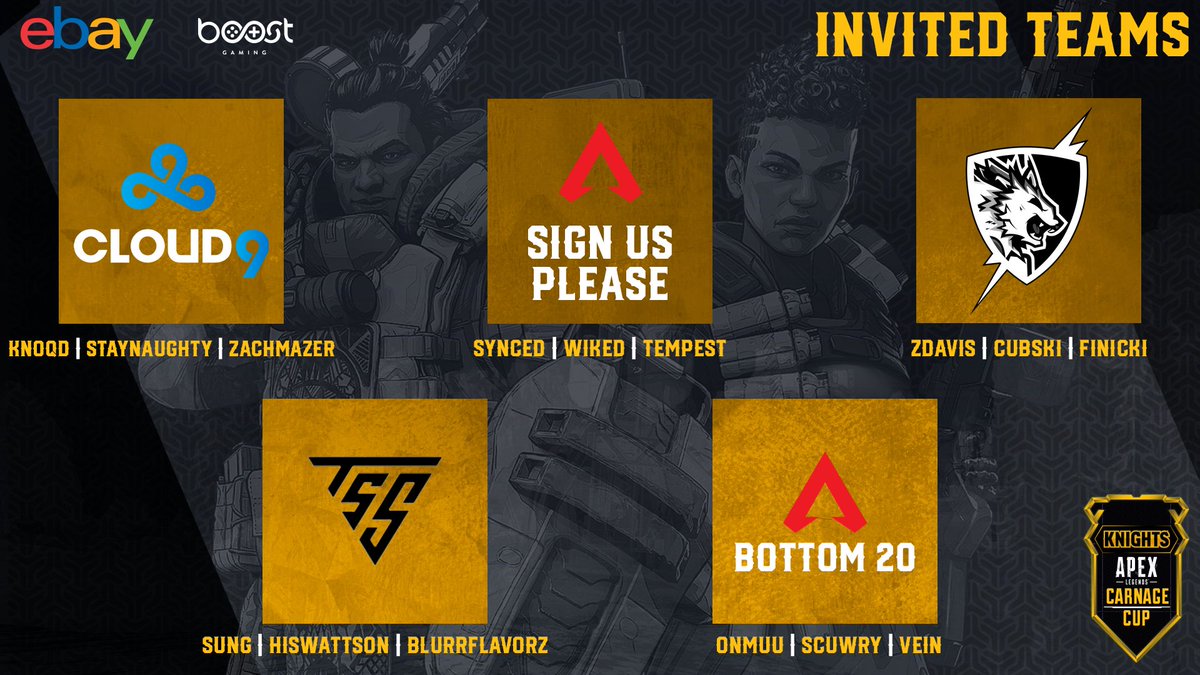 KnightsGG's tweet image. Introducing the next five invited teams for the Knights: #CarnageCup 🦁 Apex Legends $10,000 Invitational!

⚔️ @Cloud9
⚔️ #SignUsPlease
⚔️ @FlashPointGG 
⚔️ #TSS
⚔️ #Bottom20

📆 June 10-11 @ 3PM EST
📺 twitch.tv/Knights
🎁 @eBay | @boostgaming ⚔️