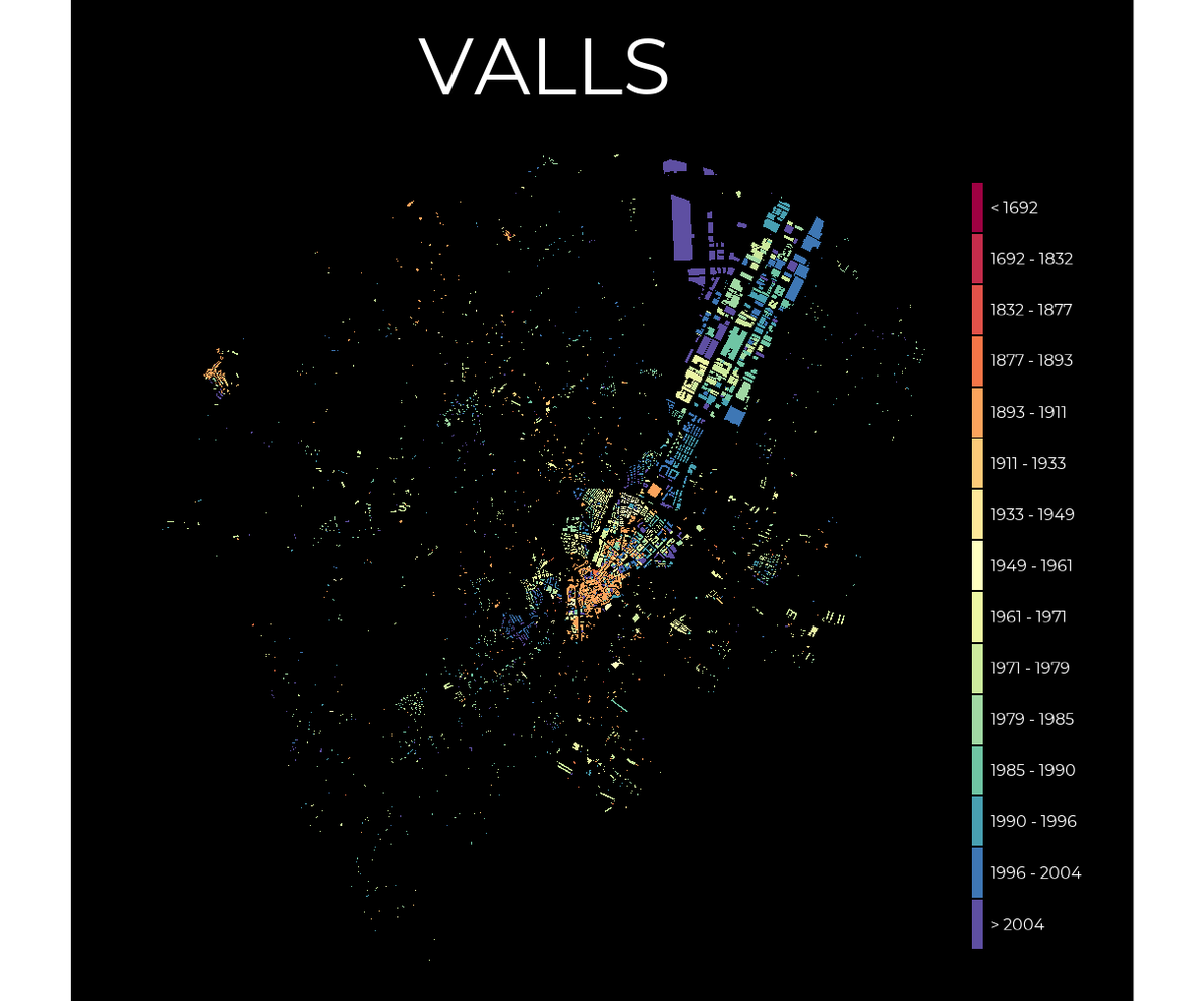 rgonzalezmas's tweet photo. Mapas del crecimiento urbano de #Valls @VallsAjuntament a partir de la idea de @dr_xeo. Jugando con los datos públicos de #catastro y experimentando con R #RStats  para su tratamiento y visualización 1/2 https://t.co/6TGTvcaVcb