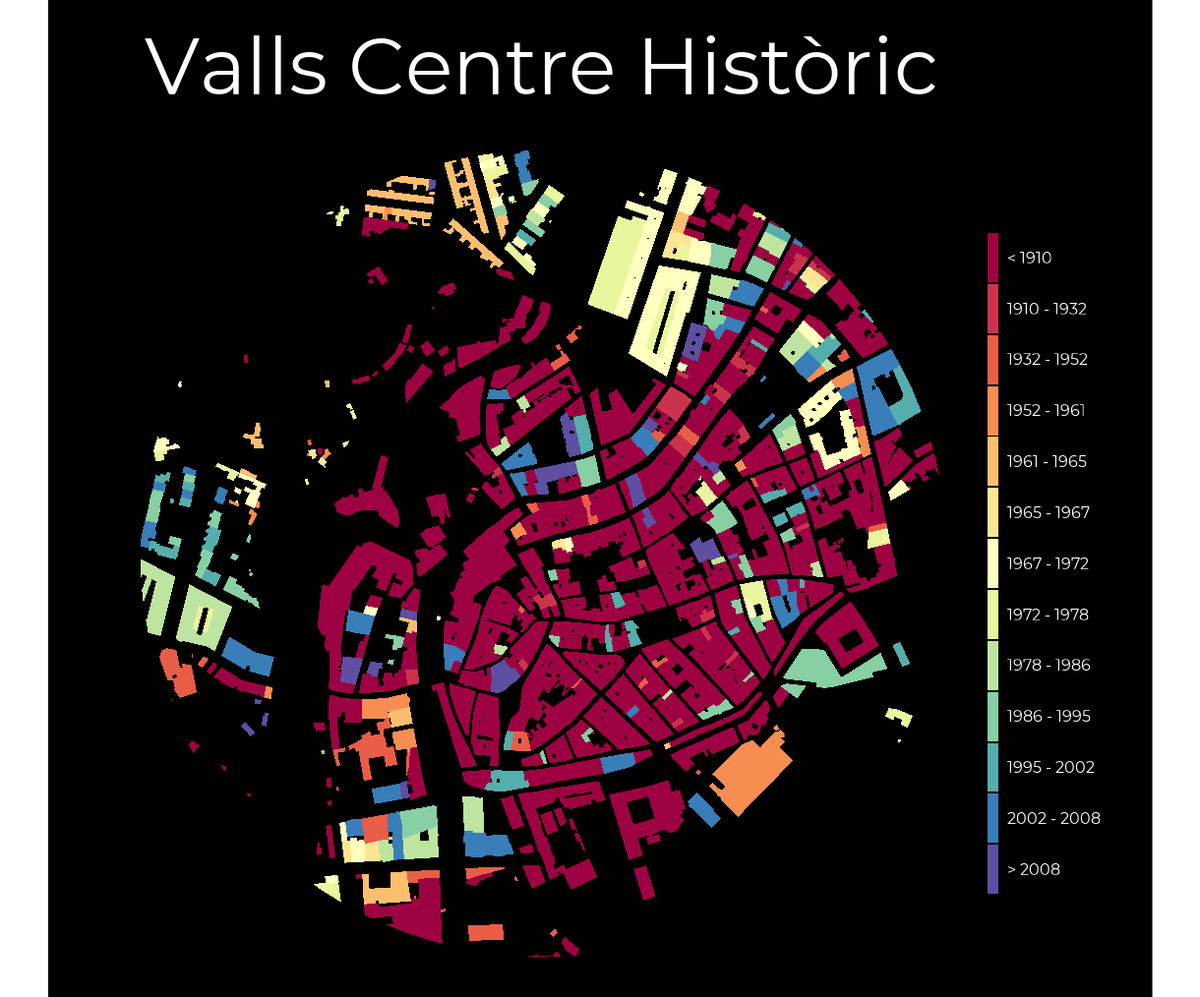 rgonzalezmas's tweet photo. Mapas del crecimiento urbano de #Valls @VallsAjuntament a partir de la idea de @dr_xeo. Jugando con los datos públicos de #catastro y experimentando con R #RStats  para su tratamiento y visualización 1/2 https://t.co/6TGTvcaVcb
