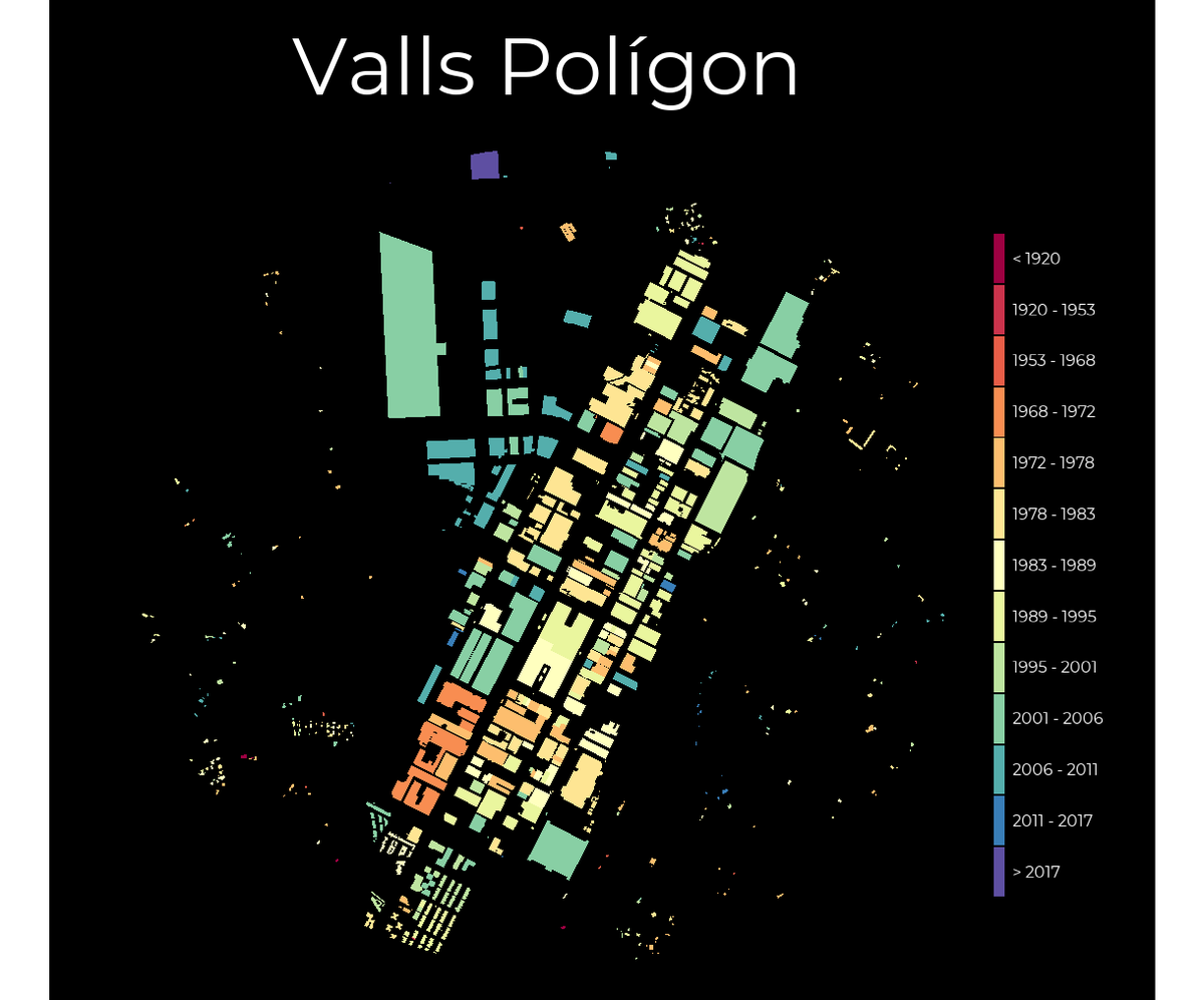 rgonzalezmas's tweet photo. Mapas del crecimiento urbano de #Valls @VallsAjuntament a partir de la idea de @dr_xeo. Jugando con los datos públicos de #catastro y experimentando con R #RStats  para su tratamiento y visualización 1/2 https://t.co/6TGTvcaVcb