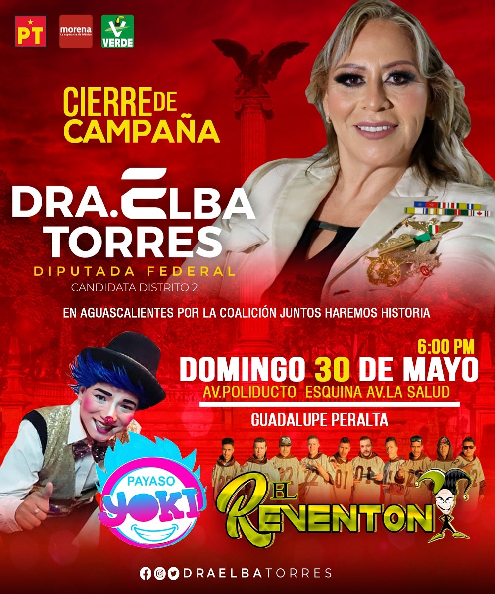 DraElbaTorres's tweet photo. Hagamos de la democracia una fiesta, ven y celebremos juntas y juntos el triunfo de las y los ciudadanos de Aguascalientes.

¡Los espero!
¡MI COMPROMISO ES TU BIENESTAR! #DoctoraElbaTorres #Candidata #Distrito2 #ElPTEstáDeTuLado #PT #Morena #PartidoVerde #PonteLaGorra https://t.co/W7F7blMQYH