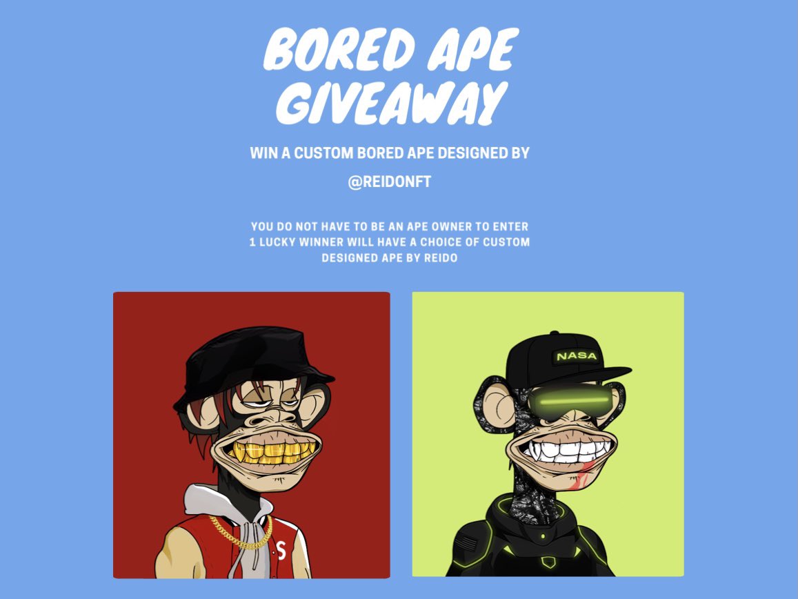 ape6743's tweet photo. It's time for a BBA giveaway!

I'm no artist so the prize is a @BoredApeYC remix by @reidoNFT!

https://t.co/beLBxaGtRp

- Follow @reidoNFT and @ape6743 
- Like and retweet this tweet
- Tag an ape and a friend who doesn't own an ape yet

The winner will be announced on June 2! https://t.co/Rn9Ap0LsMM