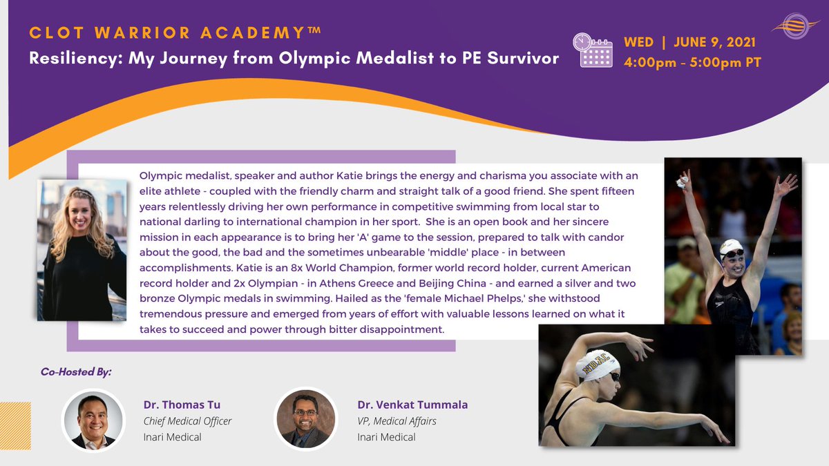 Inari Medical (@inarimedical) on Twitter photo Clot Warriors:
Don't miss out on this special #ClotWarriorAcademy event featuring <a href="/khoff09/">Katie Hoff Anderson</a>! Join us on June 9 to hear Katie's first hand experience with VTE and her life altering journey from Olympic Medalist to PE Survivor
Register here: bit.ly/KatieHoff Clot Warriors:
Don't miss out on this special #ClotWarriorAcademy event featuring <a href="/khoff09/">Katie Hoff Anderson</a>! Join us on June 9 to hear Katie's first hand experience with VTE and her life altering journey from Olympic Medalist to PE Survivor
Register here: bit.ly/KatieHoff