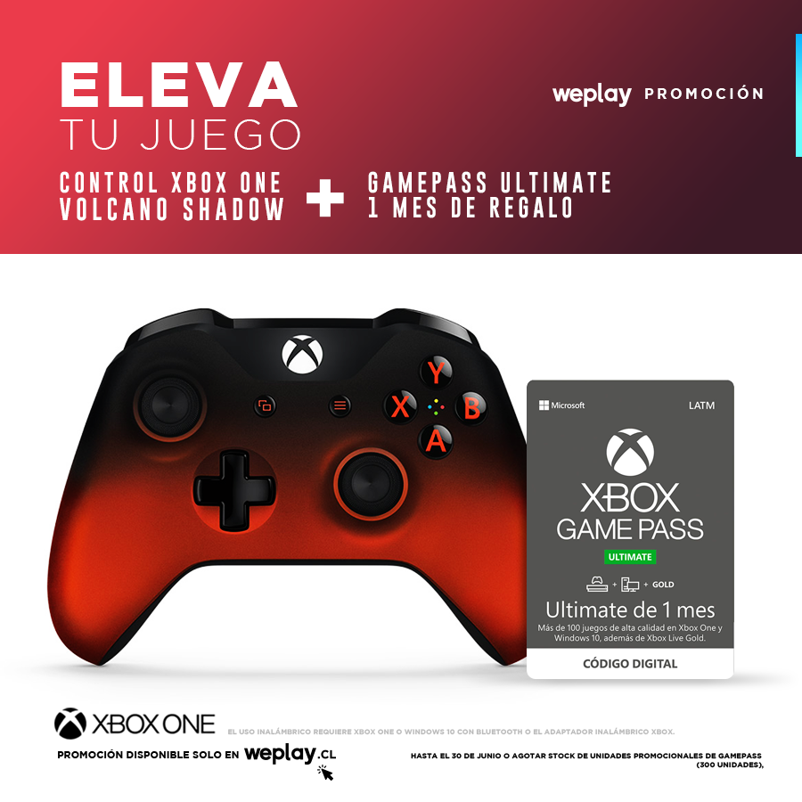 weplaystore_cl's tweet photo. [PROMOCIÓN] ¡ELEVA TU JUEGO! 💪 Disfruta esta promoción que consiste en que si compras el control #XboxOne #VolcanoShadow, te llevas de un #GamePassUltimate 1 mes de 🎁 REGALO 😎 Promoción disponible en nuestra tienda online ➡https://t.co/vE00FGZd5n ⬅ #WeplayStore https://t.co/RW3pE6fTBU