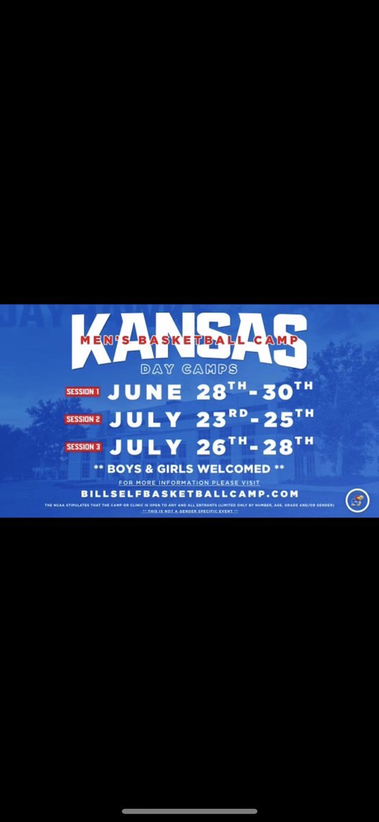 We are happy to welcome boys and girls this year for camp. Come work with the Jayhawk Basketball Staff and players to improve your game. Watch the team practice, get autographs and go home with some KU gear.