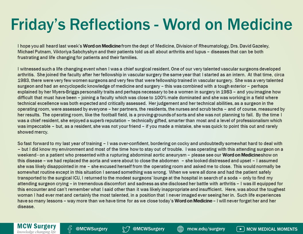 ICYMI: My reflections on how life-changing #arthritis #lupus can be - excerpts from on the latest #WordOnMedicine #knowledgechanginglife @medicalcollege @MCWMedicine