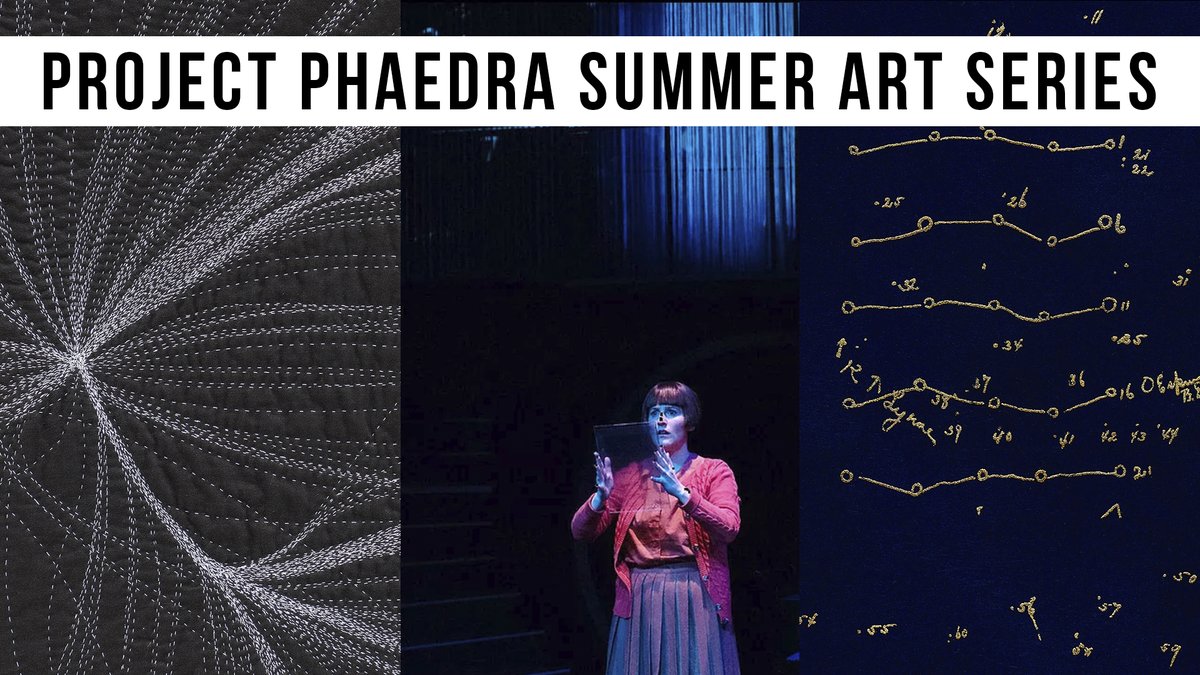 3 images stitched together with "PROJECT PHAEDRA SUMMER ART SERIES" at the top. The left and right images are artworks inspired by the stars and glass plates. The middle image is a person on a stage holding a glass plate. 