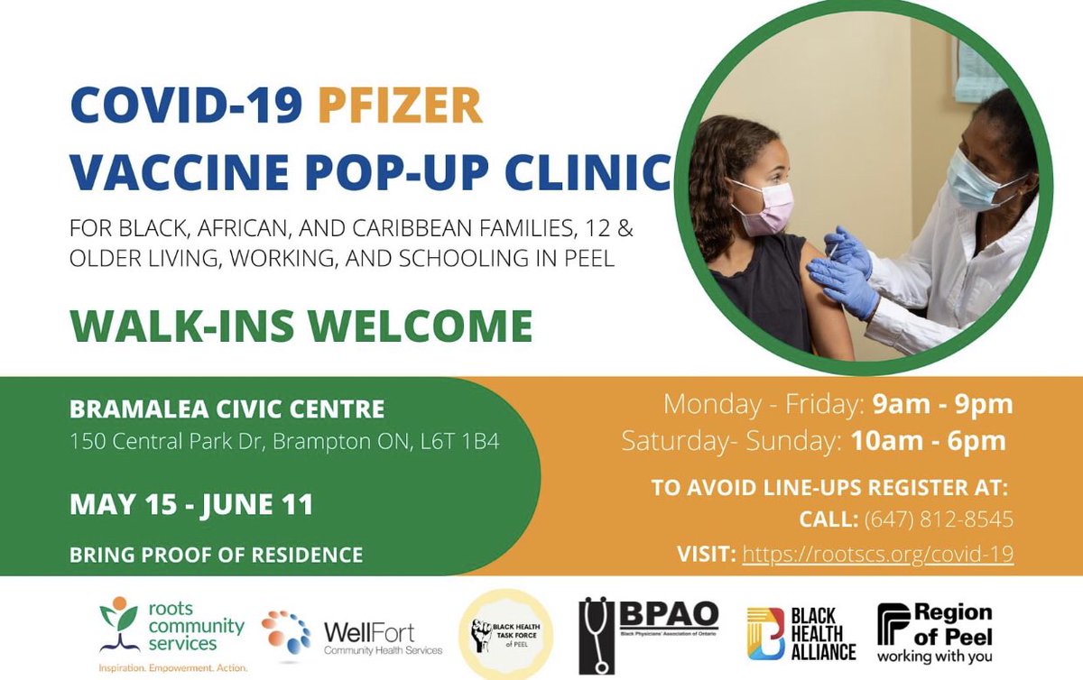 The COVID-19 Pfizer Vaccine Pop-Up Clinic is still running at Bramalea Civic Centre. 

Black, African, and Caribbean families age 12 and older are welcome to join us anytime before June 11 to get the vaccine.

Walk- ins welcome! 

To avoid line ups visit: rootscs.org/covid-19