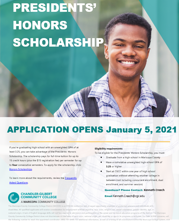 QCHS_CCC's tweet photo. CGCC Bound @QCBulldogs Do you have a 3.25+ GPA? You are likely eligible for the @chandlergilbert community college Presidents' Honors Scholarship- Apply today! It's not too late
#QCLeads #fundyourpath #staylocal #tuitionfree
https://t.co/6IZTgMrkxf https://t.co/3xBfmpKCy5