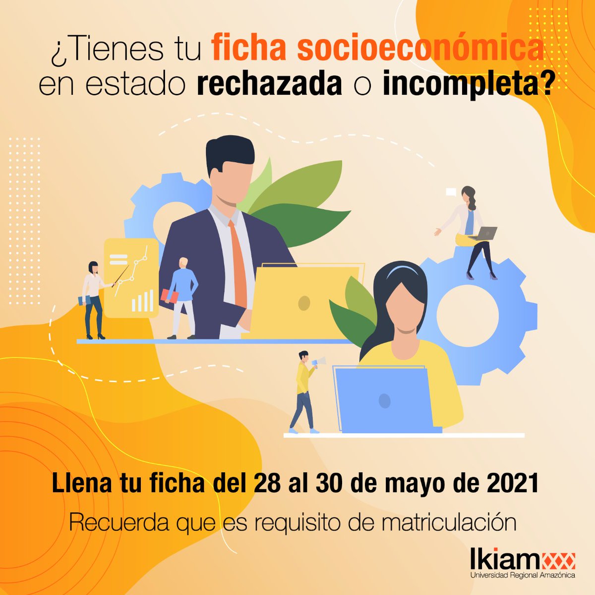 #ComunidadIkiam | Estudiante de #Ikiam ¡Pon atención! Si tu ficha socioeconómica se encuentra rechazada o incompleta, puedes actualizarla desde el 28 al 30 de mayo de 2021. Recuerda que es requisito de matriculación.  
sigui.ikiam.edu.ec/app/
<a href="/ces_ec/">CES</a> <a href="/Caces_Ec/">CACES</a>