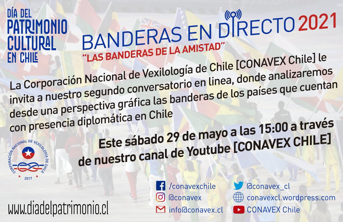 conavex_cl's tweet photo. Te esperamos mañana sábado 29 de mayo a las 15:00 a través de nuestro canal de Youtube [CONAVEX CHILE]

#DíaDelPatrimonio #diadelpatrimonio2021 https://t.co/O5Hd4Rathy