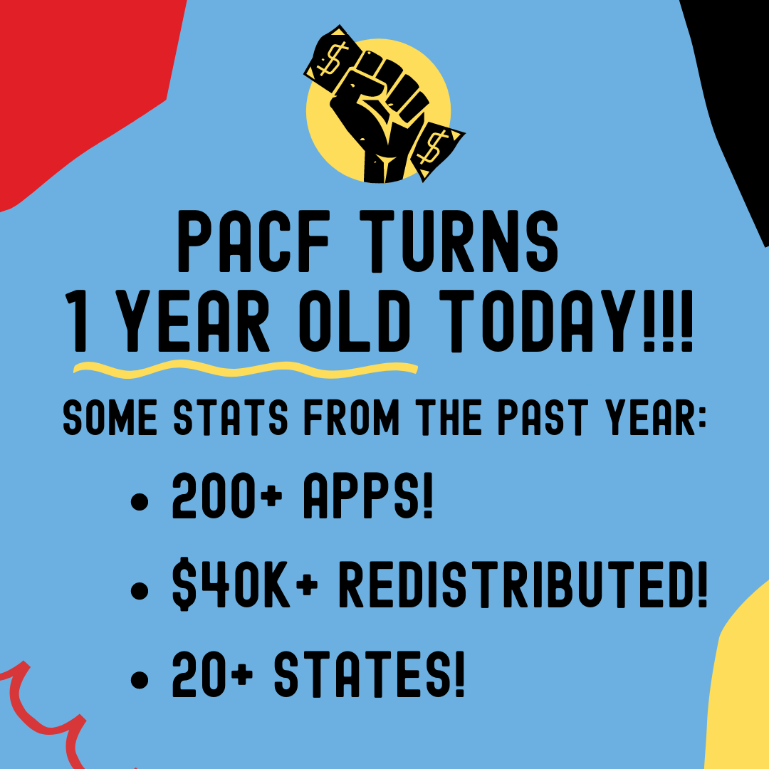 AfterCareFund's tweet photo. (1/3) PACF turns one year old today!! Birthed from the recognition that organizers are usually the least cared for in the movement, the Protest After Care Fund was started to meet the financial and material needs of Black organizers and protesters across the country. https://t.co/Pq5i0sn5Wb