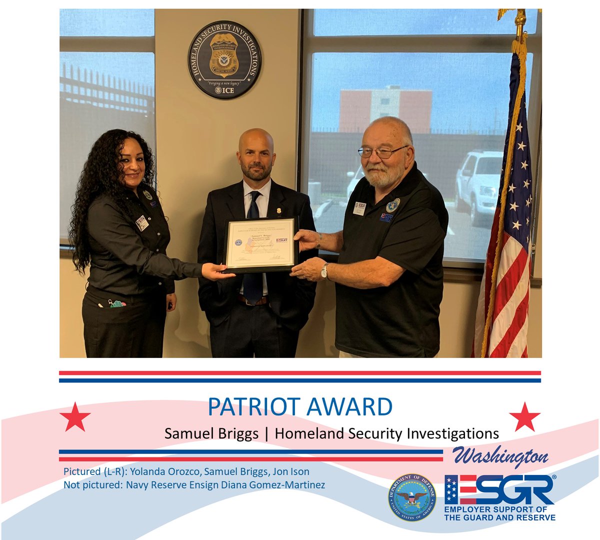 WA_ESGR's tweet image. Thank you @HSISeattle for being supportive of your employees who serve in the #ReserveComponents and congrats on the @ESGR #PatriotAward. @navy_reserve Ensign Diana Gomez-Martinez nominated her supervisor for the support he has given her. Read more at esgr.mil/News-Events/ES…
