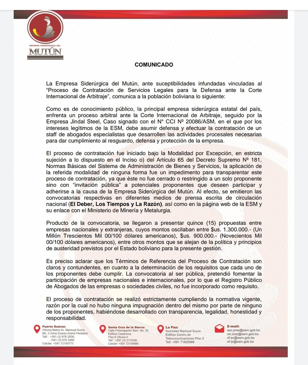 MaryMogro's tweet photo. COMUNICADO de la  Empresa Siderúrgica del Mutún sobre el “Proceso de Contratación de Servicios Legales para la Defensa ante la Corte Internacional de Arbitraje”

https://t.co/ypWOBfX7Gj https://t.co/QfutfMqcvq