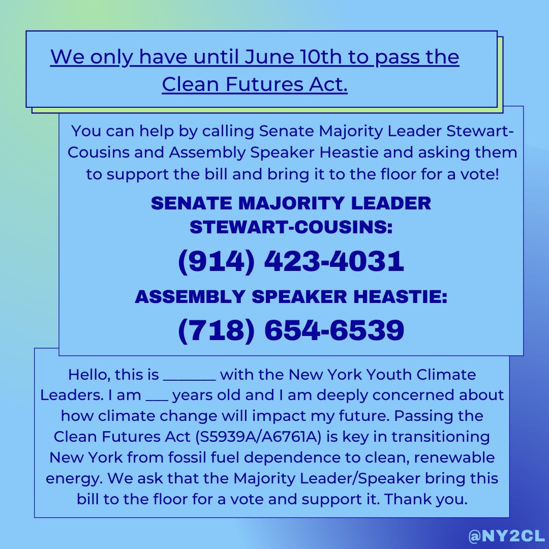 We only have 13 days left to get the Clean Futures Act passed, you can help by calling Senate Majority Leader Stewart-Cousins and Assembly Speaker Heastie to ask that they support the bill and bring it to the floor for a vote, as well as sharing this post to help spread the word!