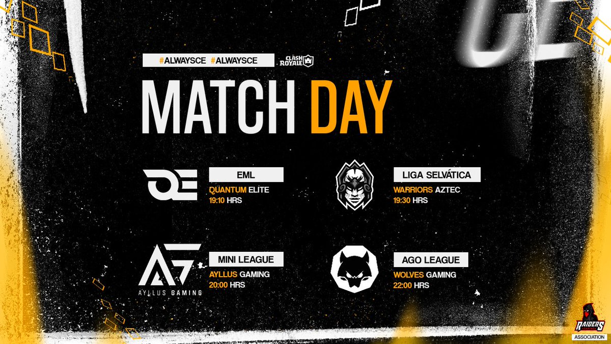 Match Day

Hoy se juega contra 4 difíciles rivales, saldremos a demostrar quien manda en la arena. 

🏆 <a href="/EML_Latam/">EML</a>
🆚️ <a href="/QuantumsElite/">Quantums Elite</a>

🏆 @LigaSelvatica
🆚️ @WarriorsAztecGG

🏆 <a href="/MiniLeagueOP/">𝑴𝒊𝒏𝒊 𝑳𝒆𝒂𝒈𝒖𝒆™</a>
🆚️ <a href="/AyllusGaming/">Ayllus Gaming</a>

🏆 <a href="/AGOLeague/">AGO League Clash Royale</a>
🆚️ @Wolves_GamingGG

#AlwaysCE #RaidersForever