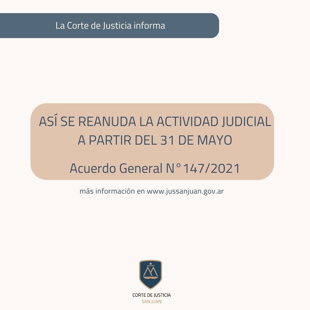 jussanjuan's tweet photo. La #CorteDeJusticia de #SanJuan dispuso la normalización del #ServicioDeJusticia a partir del lunes 31 de mayo en el marco del #RégimenDeRegulación #Administrada de la #ActividadJudicial por Razones de #EmergenciaSanitaria. Comunicado: https://t.co/C19Tv7nFgi https://t.co/EDqQb7WavJ
