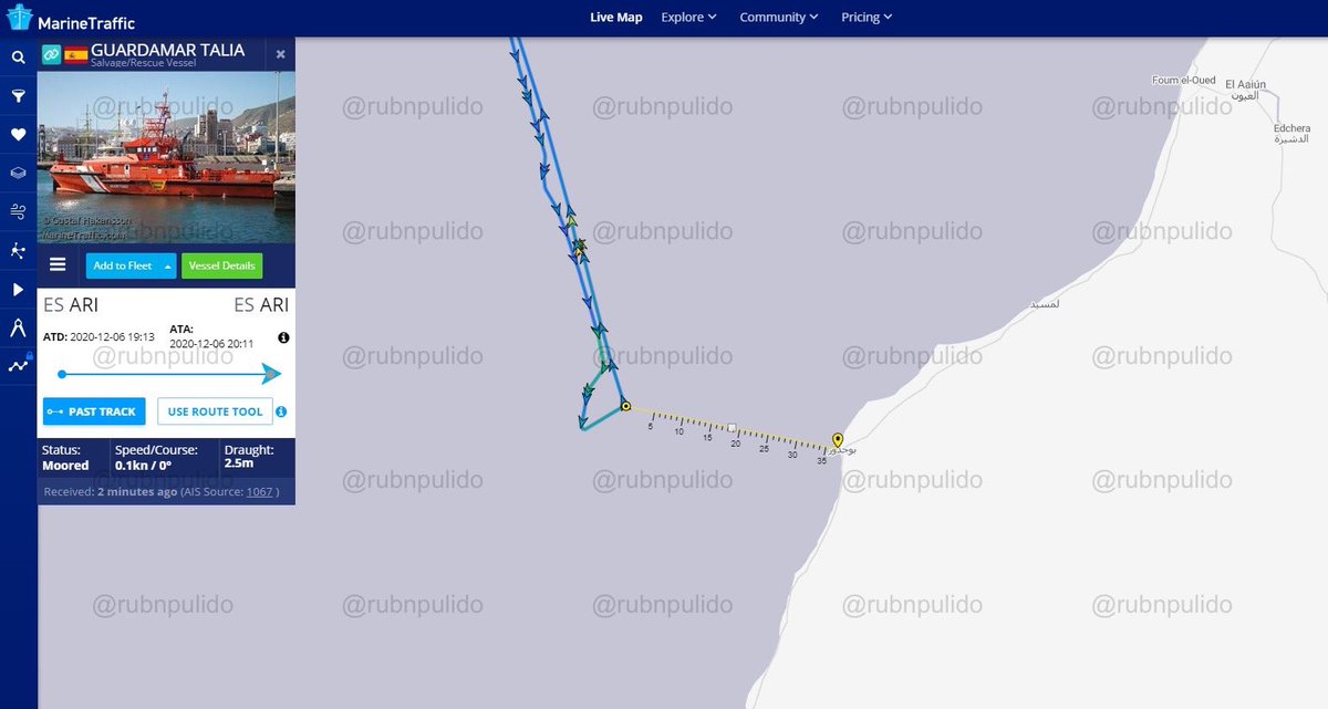  3 de septiembre de 2020. El barco de Salvamento  #GuardamarTalia realiza un recorrido de más de 180 Km para situarse a tan sólo 35 millas náuticas de la costa de Cabo Bojador.Junto a  #Dajla,  #ElAaiún y  #Nuadibú, es uno de los puntos de partida para las mafias.