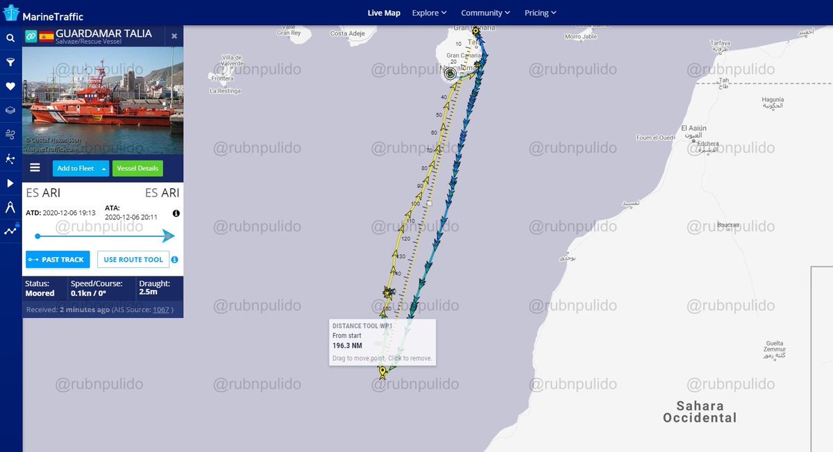  15 de agosto de 2020. En esta ocasión, tiene lugar un "rescate" a más de 360 Km de Canarias y a tan solo 70 millas náuticas de  #Dajla.De nuevo, un recorrido que implicaría más de 24 horas y que concluye con la recogida de inmigrantes ilegales cerca del punto de partida.