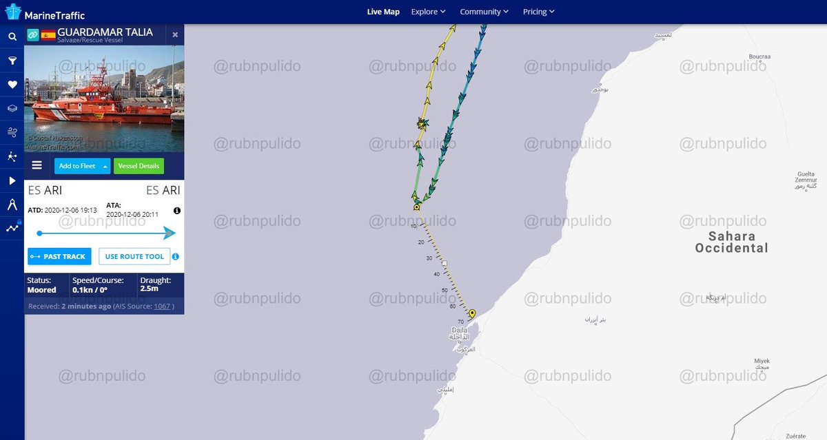 15 de agosto de 2020. En esta ocasión, tiene lugar un "rescate" a más de 360 Km de Canarias y a tan solo 70 millas náuticas de  #Dajla.De nuevo, un recorrido que implicaría más de 24 horas y que concluye con la recogida de inmigrantes ilegales cerca del punto de partida.