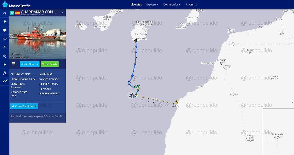  Estos "rescates" cercanos a las costas de Bojador no han sido aislados. Es una práctica que ha venido ejecutándose en varias ocasiones. 14 de diciembre de 2020. Otra embarcación diferente a la anterior a unas 60 millas náuticas de la misma zona. A 162 km de Canarias.