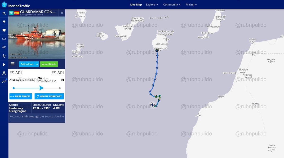  Estos "rescates" cercanos a las costas de Bojador no han sido aislados. Es una práctica que ha venido ejecutándose en varias ocasiones. 14 de diciembre de 2020. Otra embarcación diferente a la anterior a unas 60 millas náuticas de la misma zona. A 162 km de Canarias.