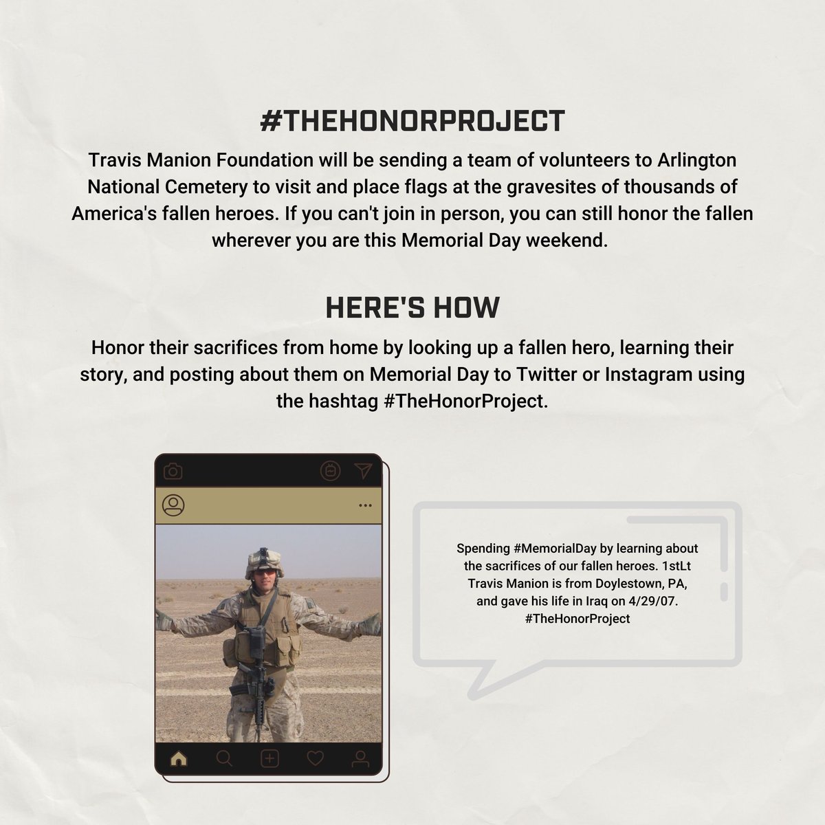This #MemorialDay weekend honor any fallen hero that you have
 personally lost or that you are inspired to share about. #TheHonorProject

FIND A FALLEN HERO: buff.ly/2TrEyJN
@travismanionfoundation