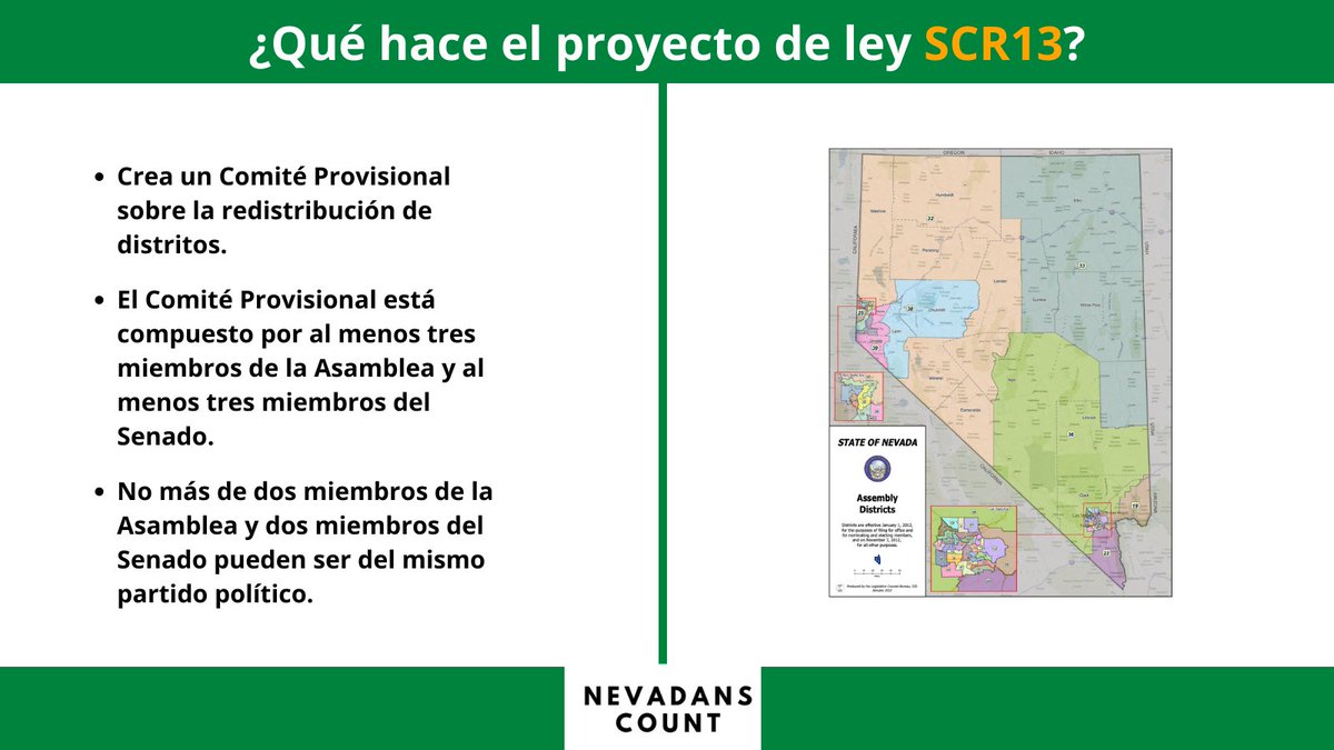 NevadansCount's tweet photo. #SCR13 creará un comité provisional sobre la redistribución de distritos, que considerará y recomendará posibles procedimientos sobre cómo debe proceder la #NVLegES con la redistribución de distritos. #NevadansCount #NVRedistricting https://t.co/WcDQrkJiI8